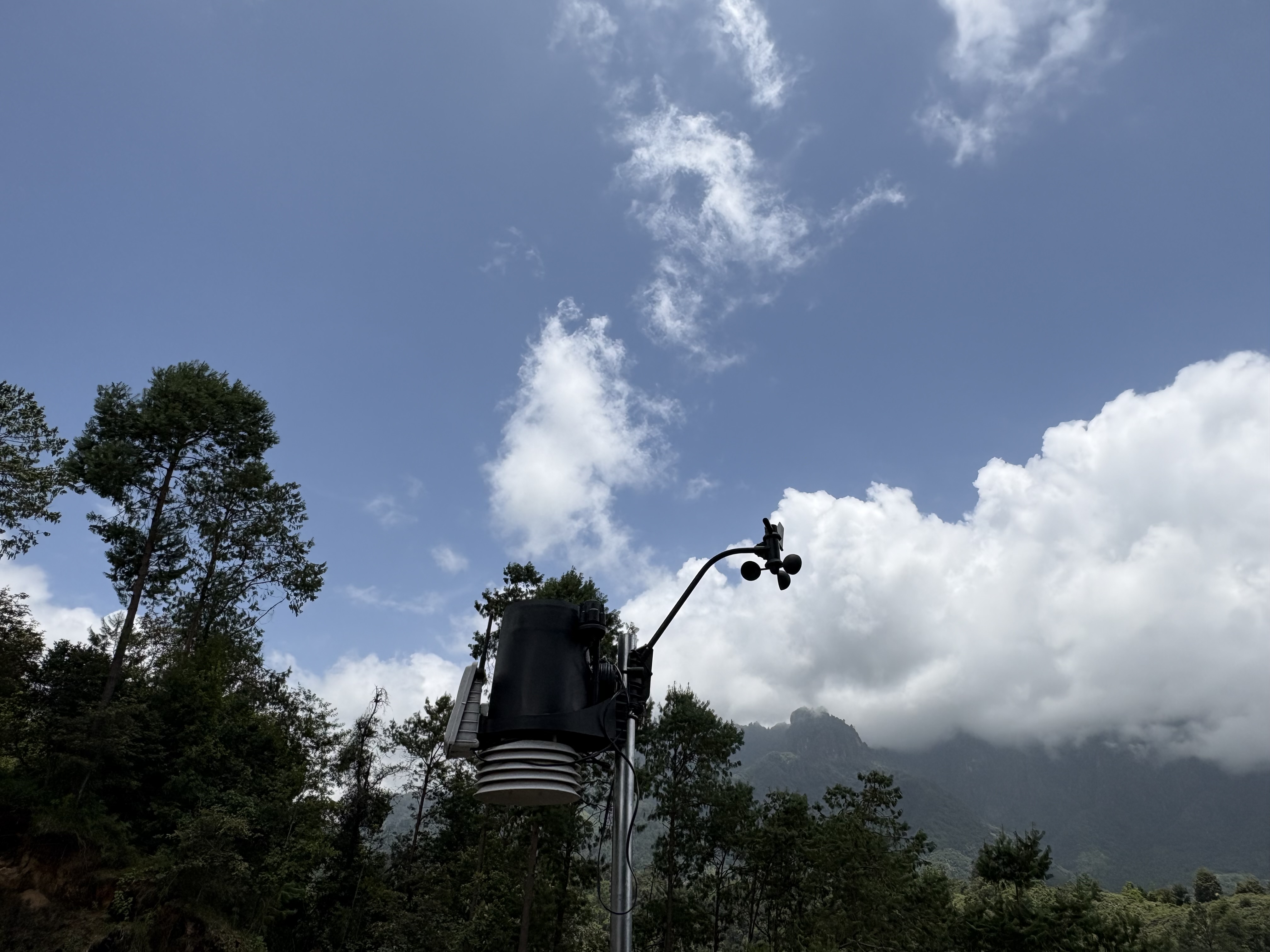 Sensores de una estación Mountain Meteorology contra el cielo de montaña